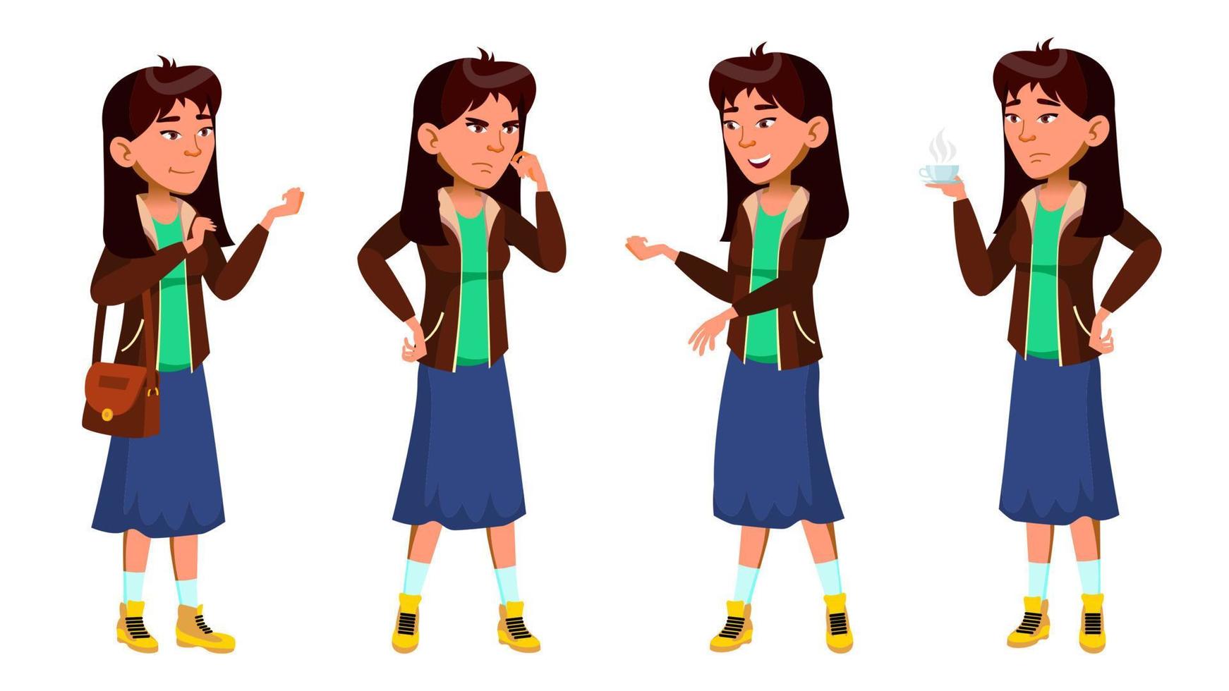 Asian Teen Girl Poses Set Vector. Funny, Friendship. For Advertisement, Greeting, Announcement Design. Isolated Cartoon Illustration vector