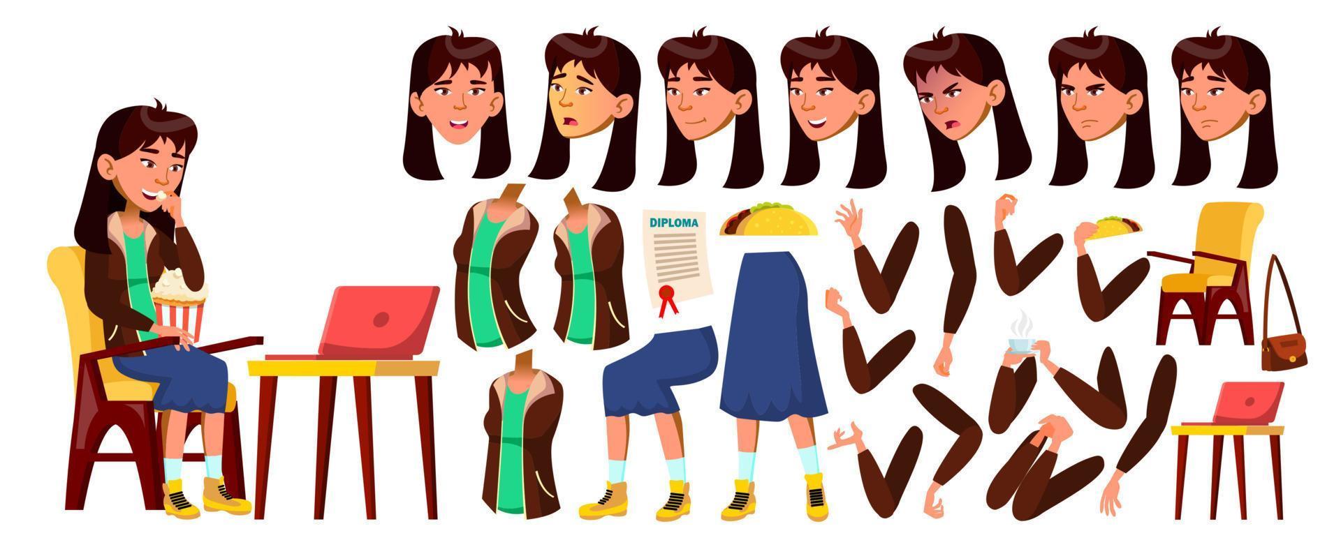 Asian Teen Girl Vector. Animation Creation Set. Face Emotions, Gestures. Face. Children. Animated. For Advertising, Booklet, Placard Design. Isolated Cartoon Illustration vector