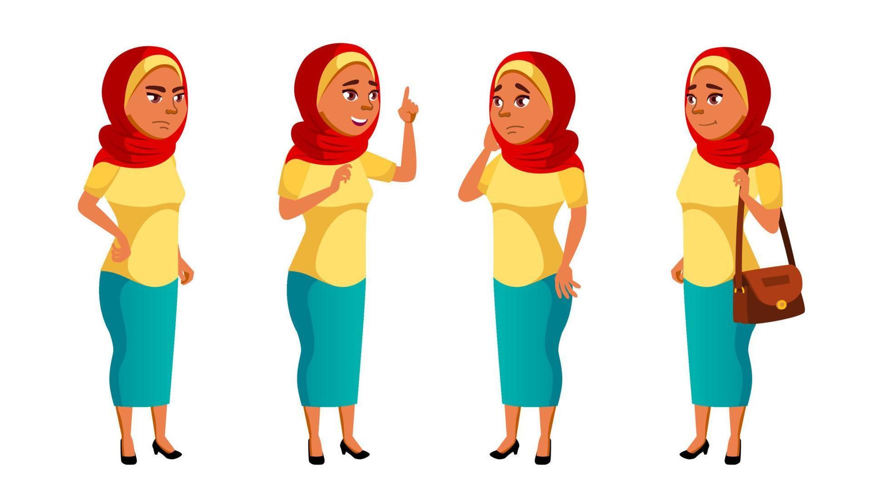 Arab, Muslim Teen Girl Poses Set Vector. Beauty, Lifestyle. For Web, Poster, Booklet Design. Isolated Cartoon Illustration vector