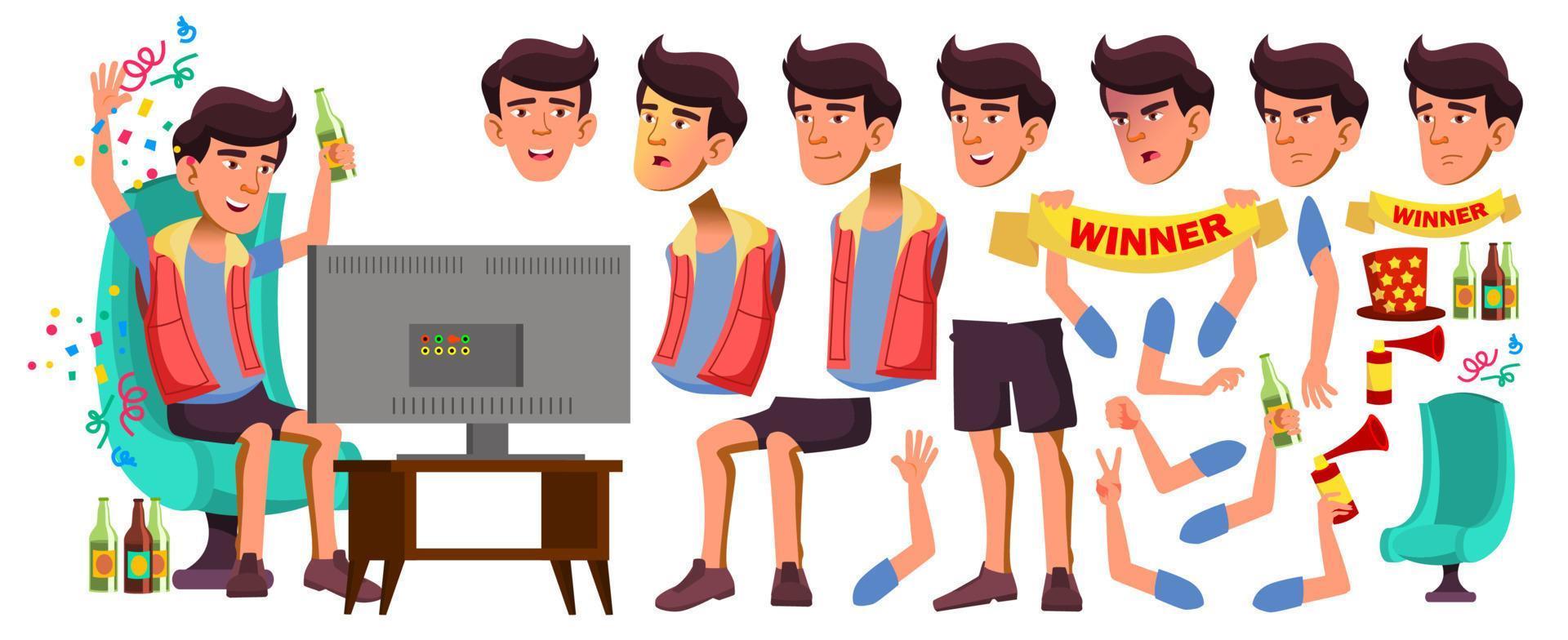 Asian Teen Boy Vector. Animation Creation Set. Face Emotions, Gestures. Friendly, Cheer. Animated. For Presentation, Print, Invitation Design. Isolated Cartoon Illustration vector