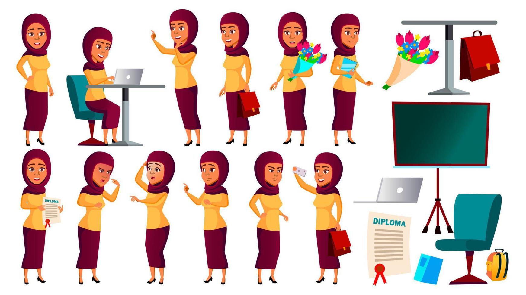 Teen Girl Poses Set Vector. Arab, Muslim. Fun, Cheerful. For Web, Poster, Booklet Design. Isolated Cartoon Illustration vector