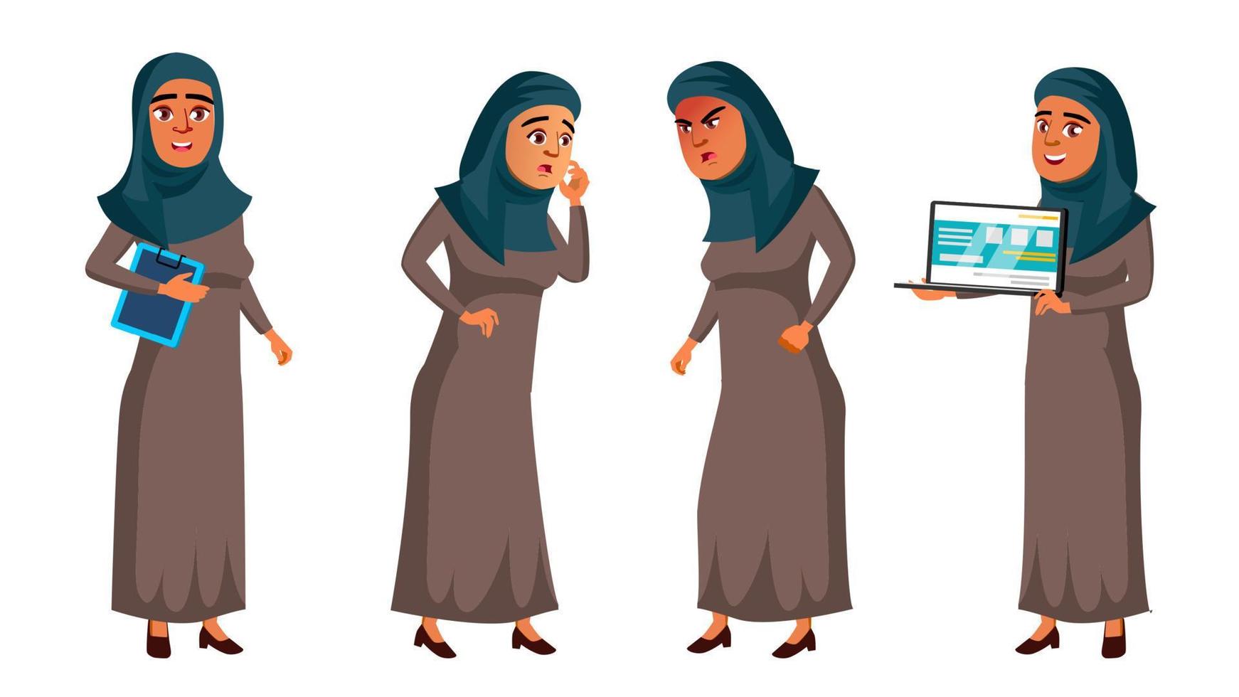 Arab, Muslim Teen Girl Set Vector. Face. Office Manager Person. For Web, Brochure, Poster Design. Isolated Cartoon Illustration vector