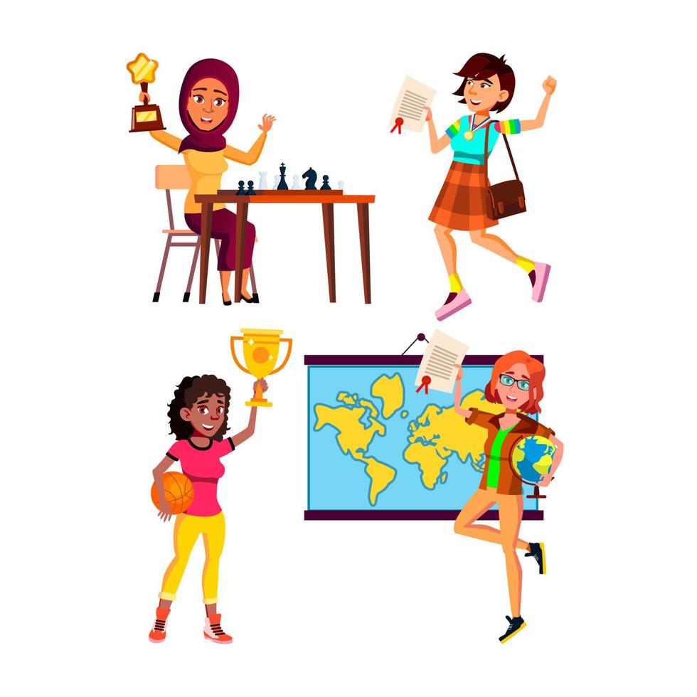 Teen girl with trophy award set vector