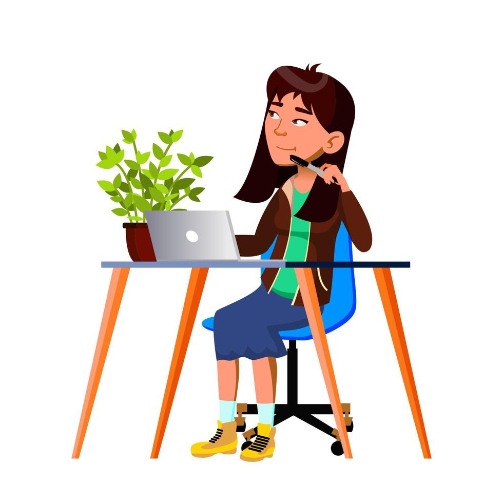 Teen Girl Thinking For Creation On Laptop Vector