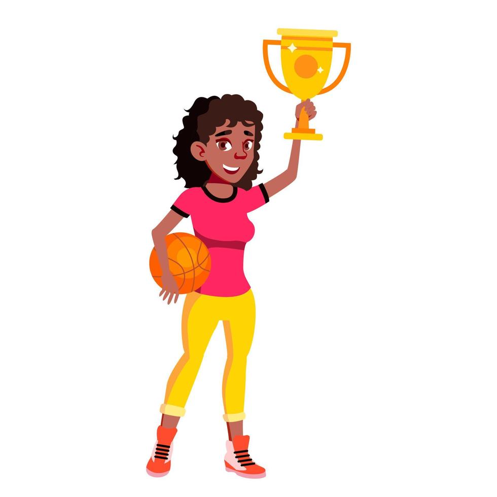 Win teen girl with trophy award vector