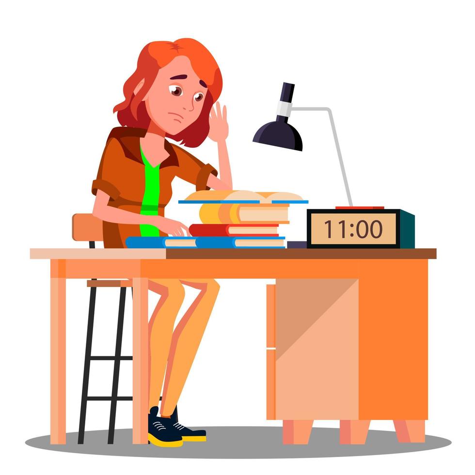 chica cansada en la mesa con lámpara y vector de libro. ilustración aislada