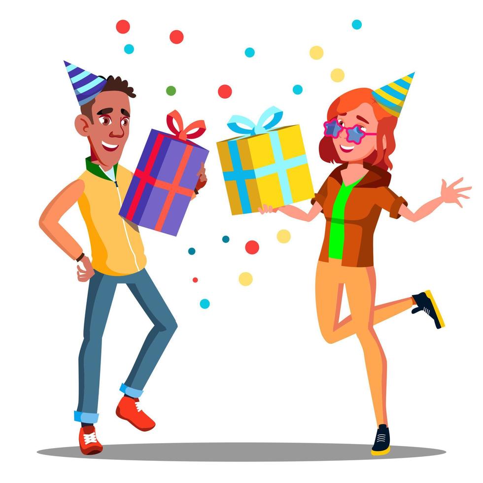Happy Teenager In Party Cap With Gifts In Hands Vector. Isolated Illustration vector
