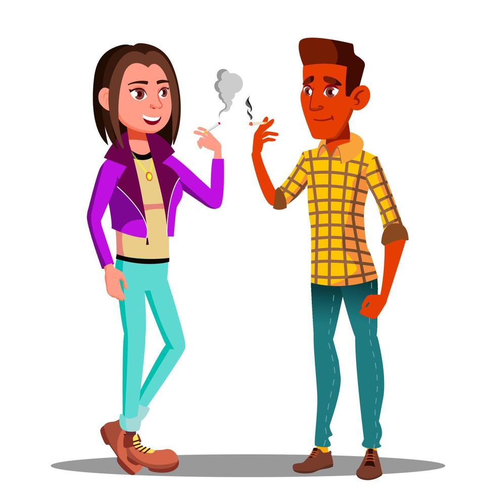 Two Teenagers Smoking, Nicotine Addiction Vector. Isolated Illustration vector