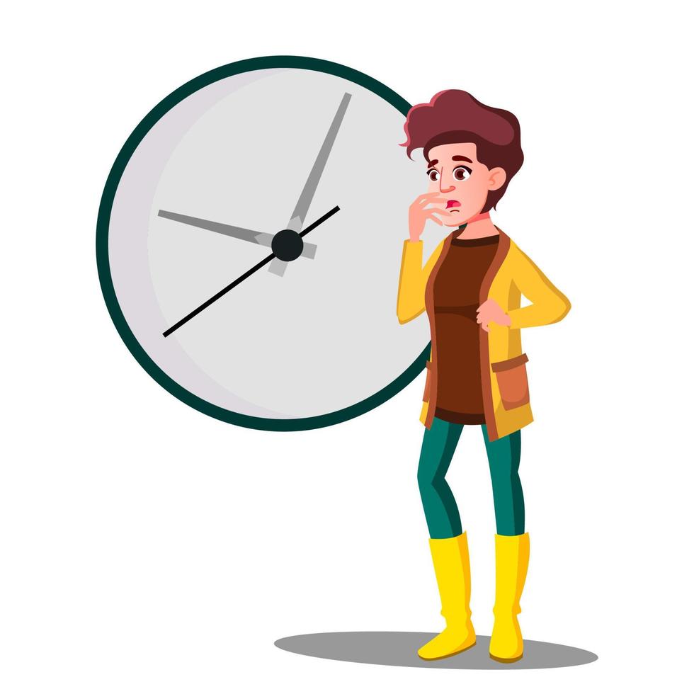 tarde, niña asustada mirando el vector del reloj. ilustración aislada