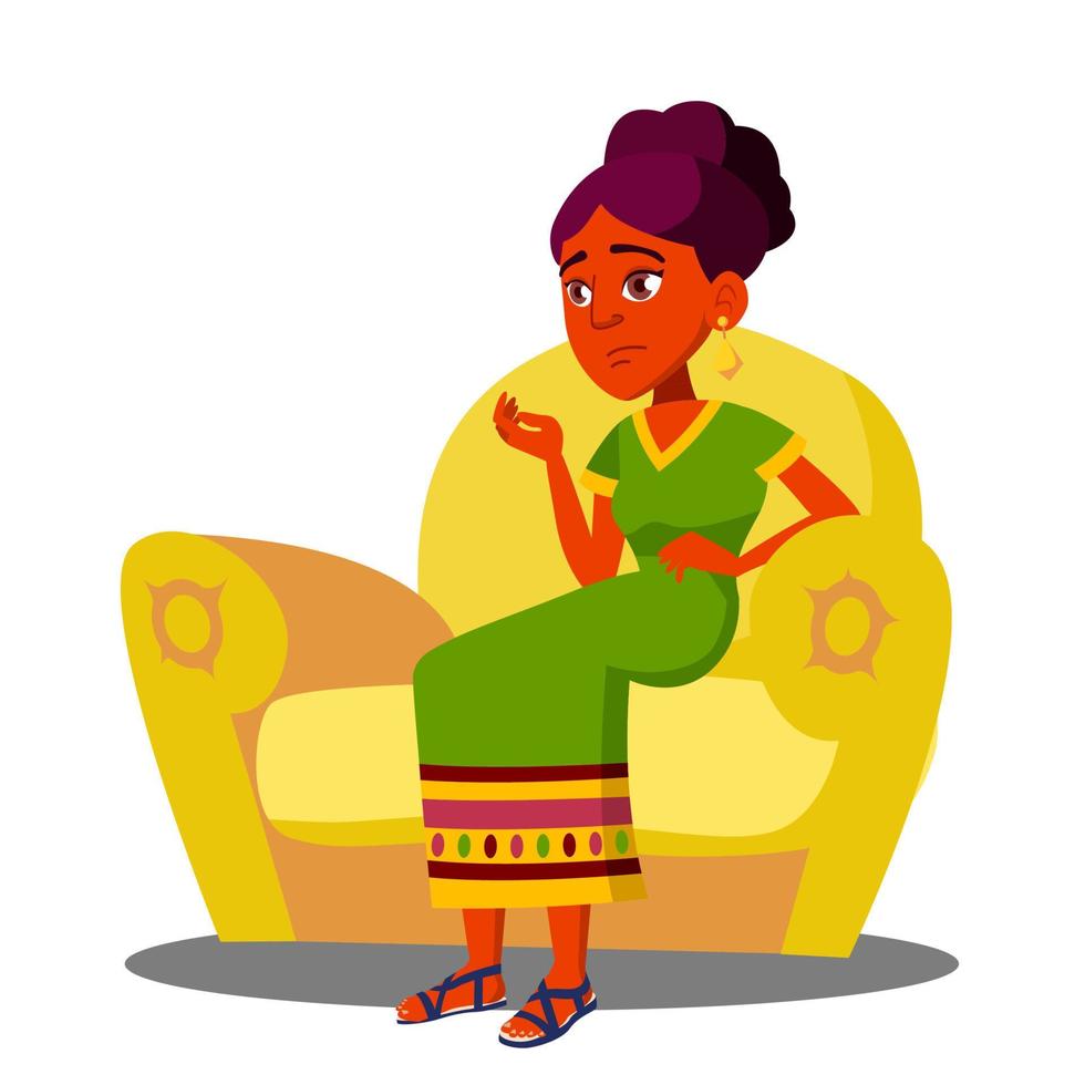 Girl Is Sitting On Sofa With Strong Abdominal Pains Vector. Isolated Illustration vector
