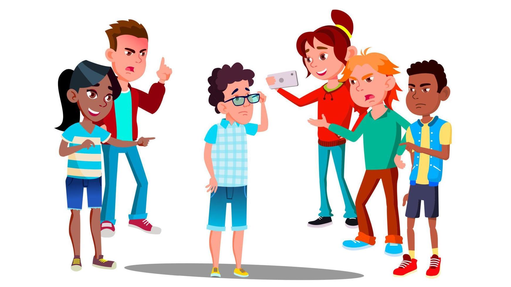 School Conflict, Sad Teenager Is Surrounded By Classmates Ridiculing Him Vector. Isolated Illustration vector