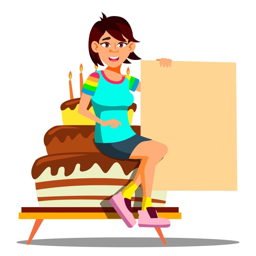 hermosa chica asiática sentada en un gran pastel de fiesta con un vector de banner vacío. ilustración aislada