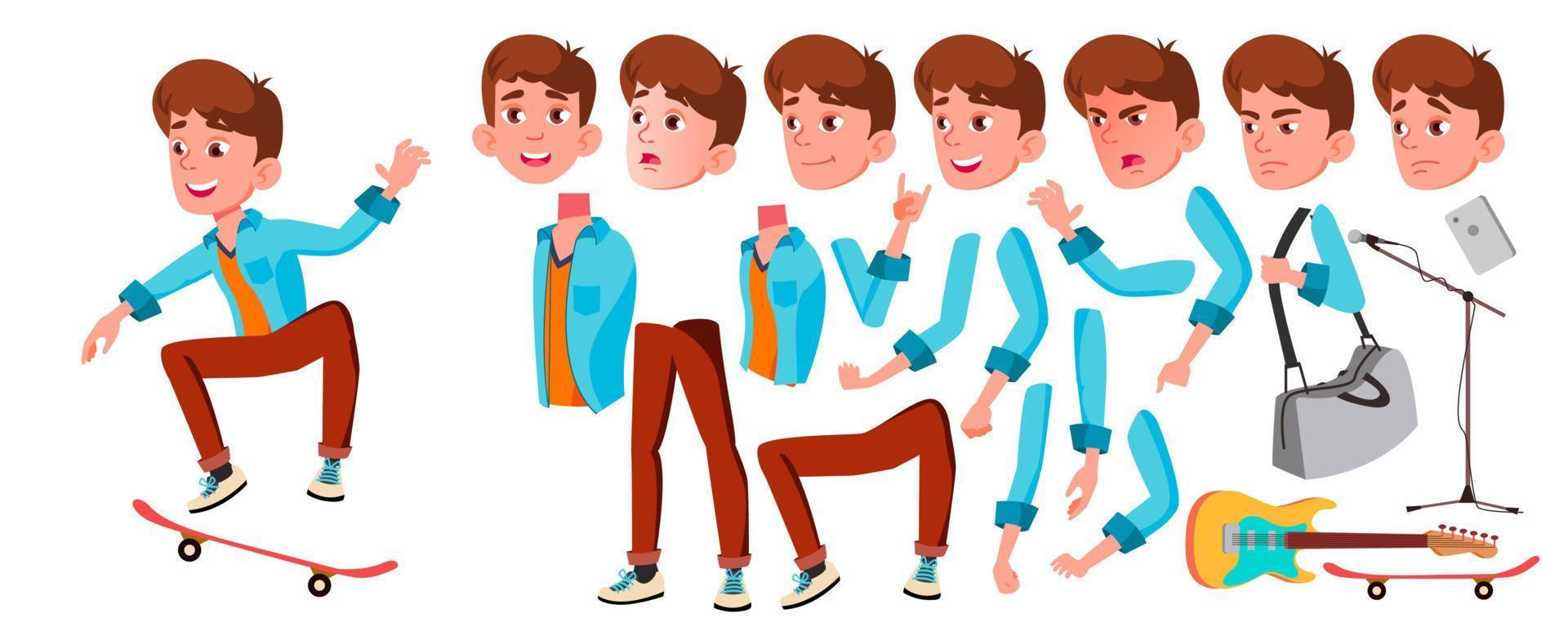 Teen Boy Vector. Animation Creation Set. Face Emotions, Gestures. Caucasian, Positive. Animated. For Banner, Flyer, Web Design. Isolated Cartoon Illustration vector