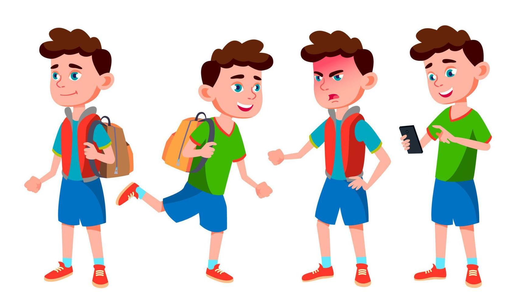 Boy Schoolboy Kid Poses Set Vector. Primary School Child. Cheerful Pupil. Friends. Life, Emotional. For Banner, Flyer, Web Design. Isolated Cartoon Illustration vector