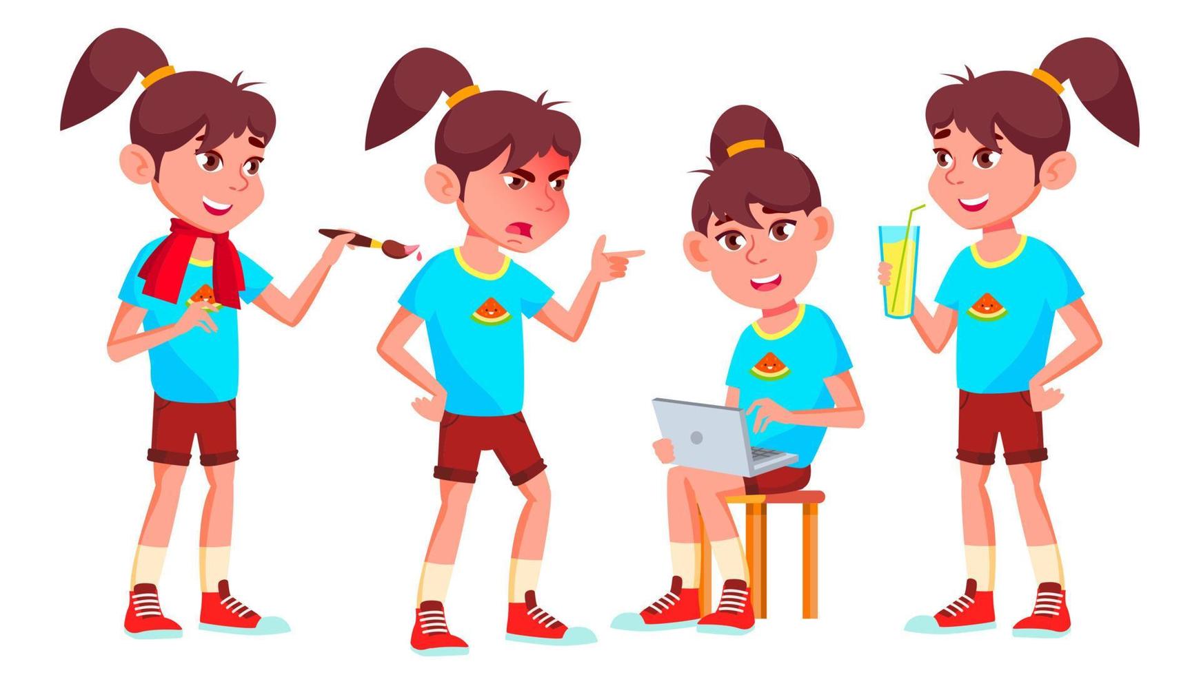 Girl Schoolgirl Kid Poses Set Vector. High School Child. Child Pupil. Subject, Clever, Studying. For Postcard, Announcement, Cover Design. Isolated Cartoon Illustration vector