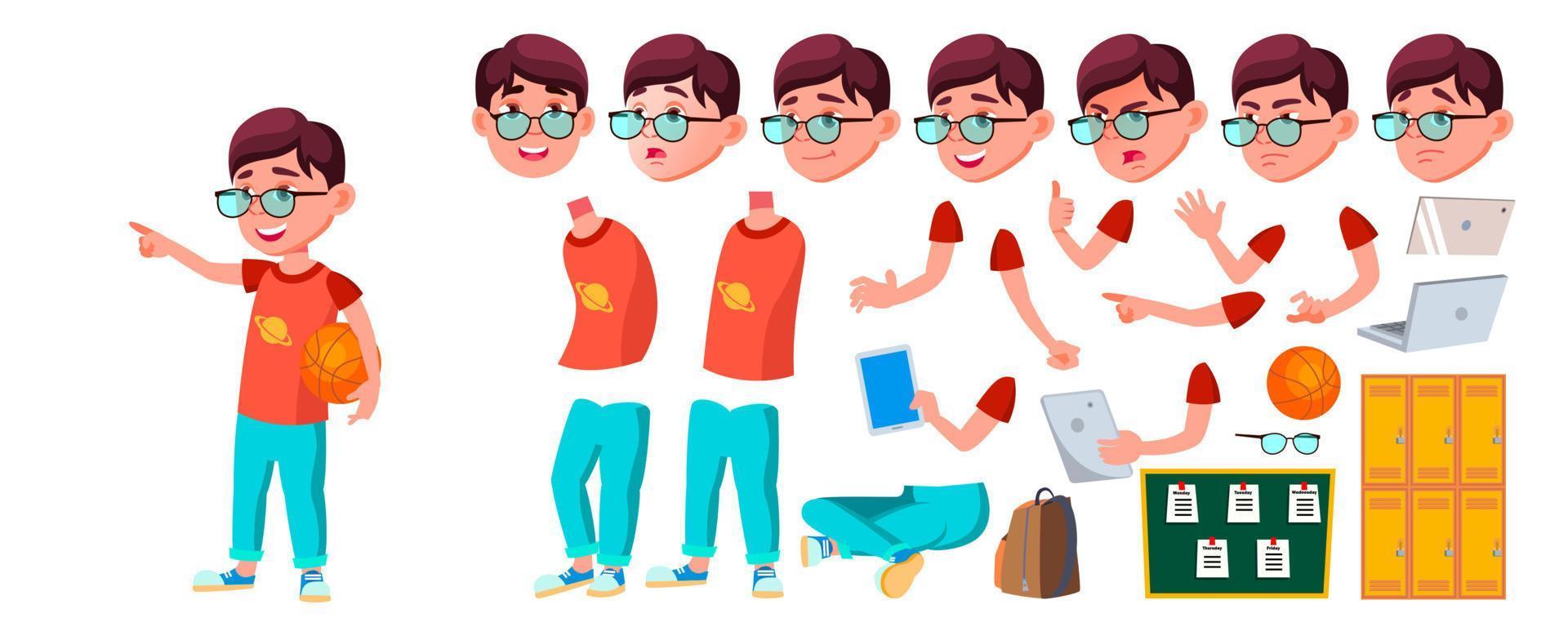 Boy Schoolboy Kid Vector. Primary School Child. Animation Creation Set. Auditorium. Friendship. Pose, Beauty. For Cover, Placard Design. Face Emotions, Gestures. Animated. Isolated Illustration vector