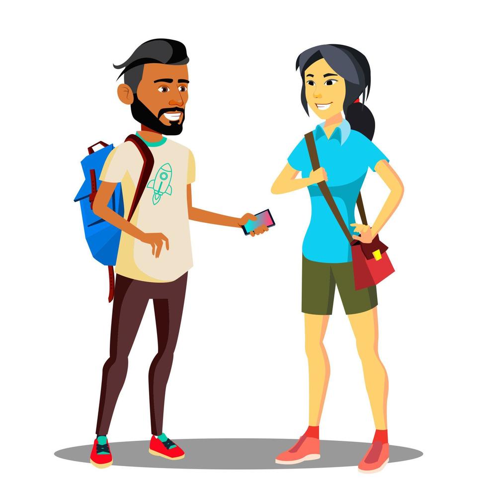 Smiling Muslim And Asian Student With Backpack Vector. Isolated Illustration vector