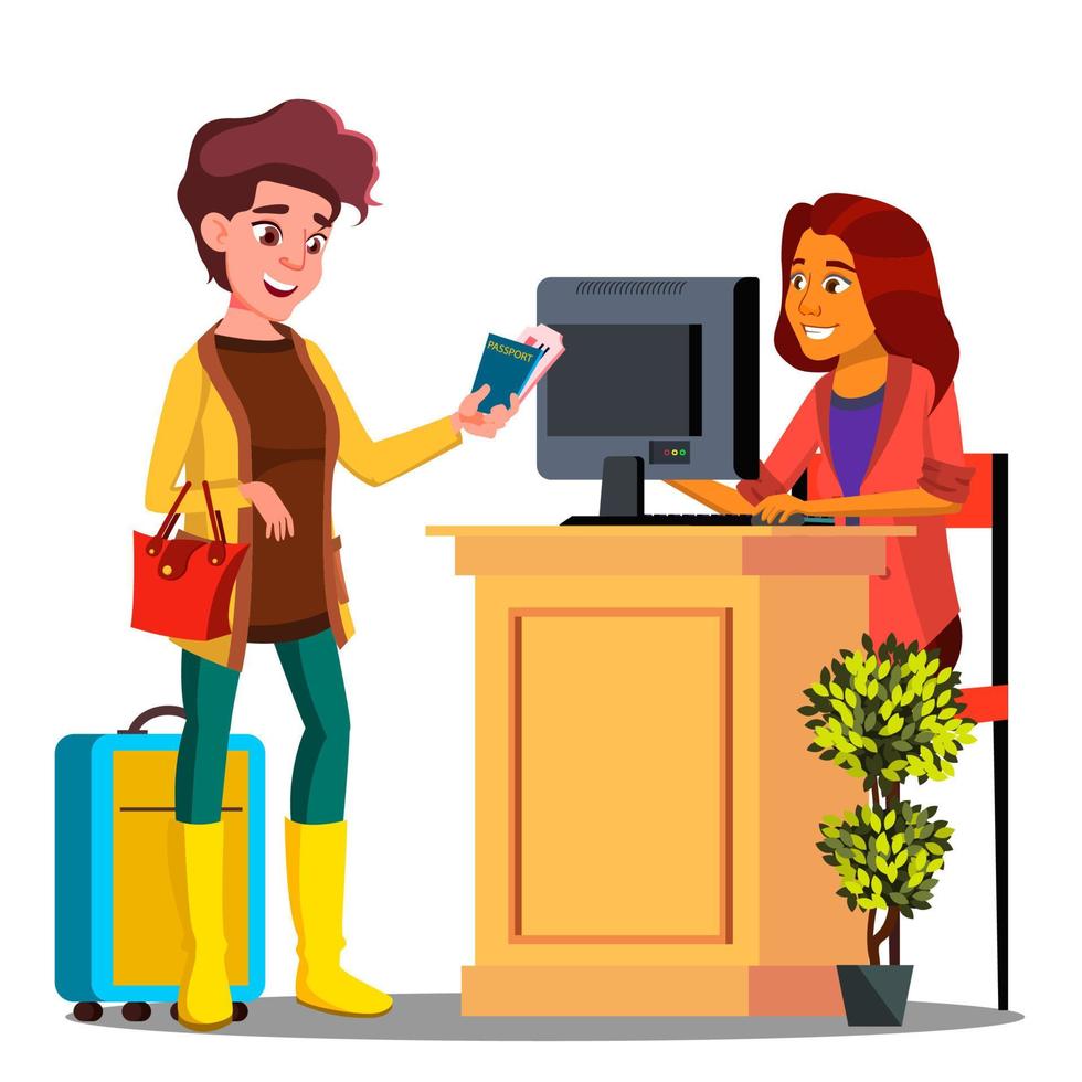 Young Girl At The Passport Control At The Airport Vector. Isolated Illustration vector