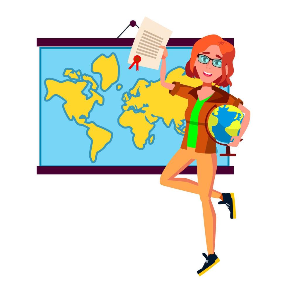 Winner teen girl with trophy award vector