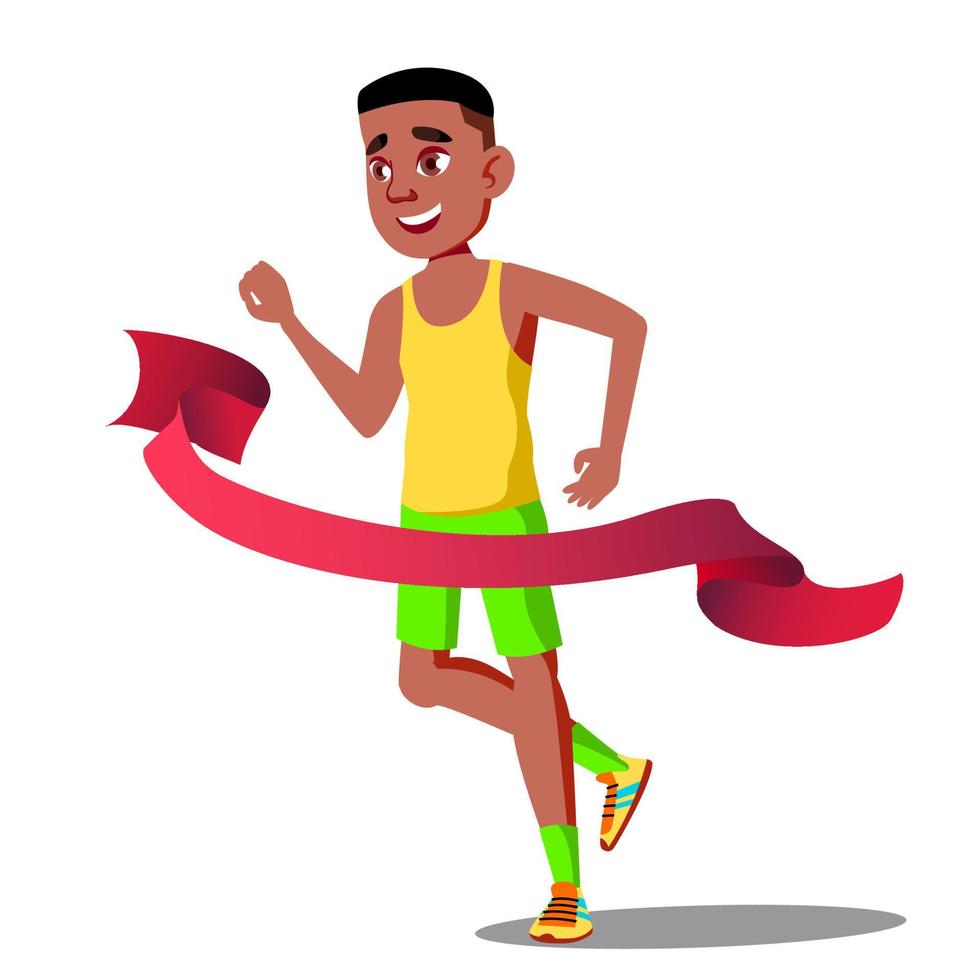 Runner Guy In Competitions Crosses The Finish Line With Ribbon Vector. Isolated Illustration vector