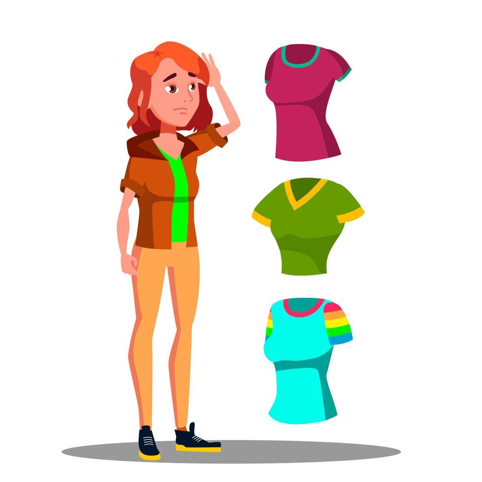 jovencita eligiendo camisa, vector de vestidos. ilustración aislada