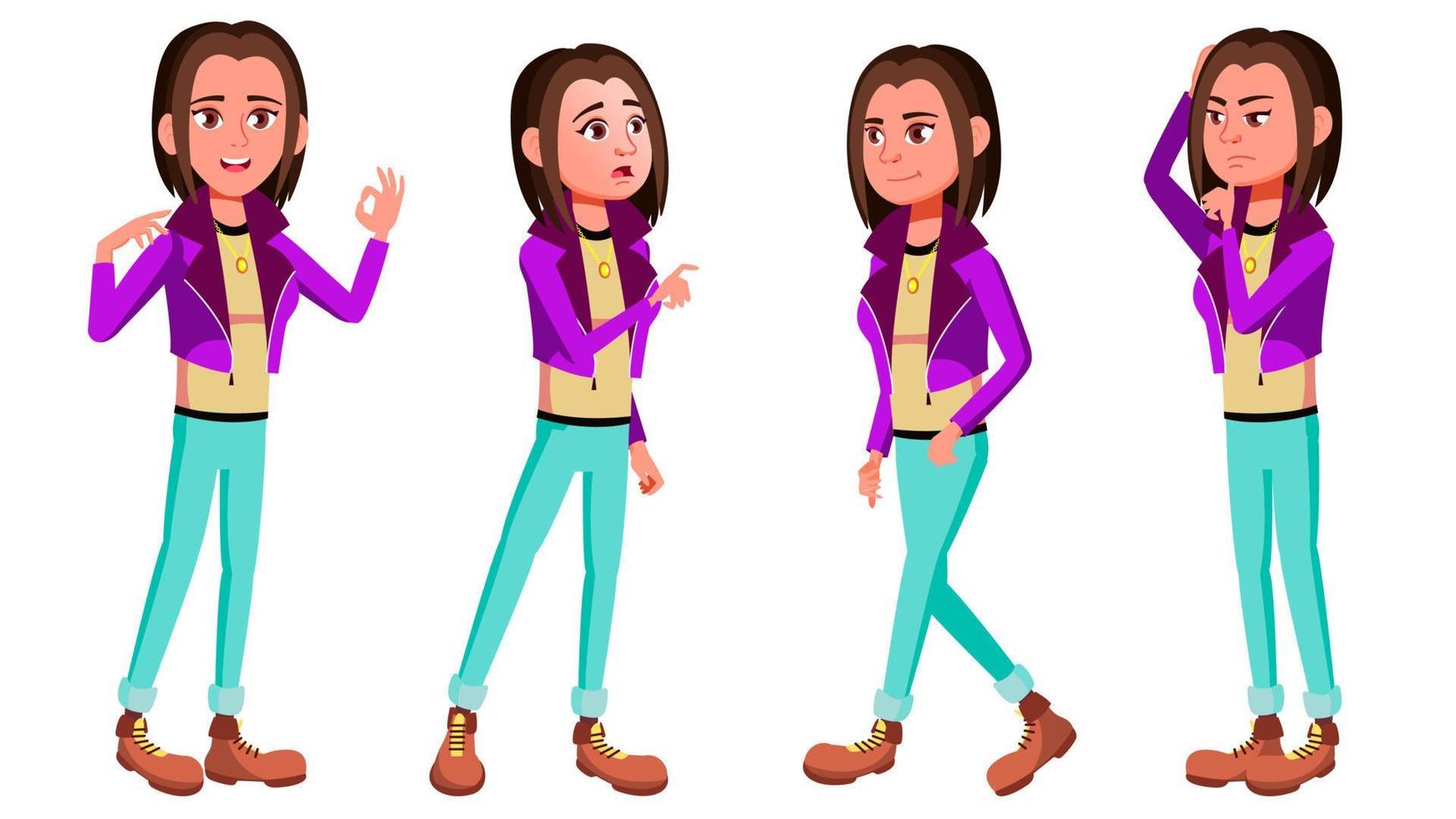 Teen Girl Poses Set Vector. Fun, Cheerful. For Web, Poster, Booklet Design. Isolated Cartoon Illustration vector