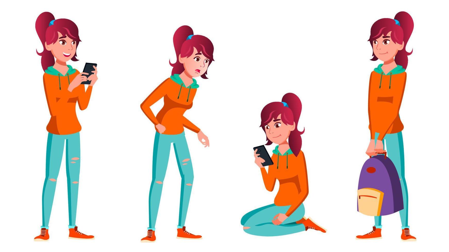 Teen Girl Poses Set Vector. Positive Person. For Postcard, Cover, Placard Design. Isolated Cartoon Illustration vector