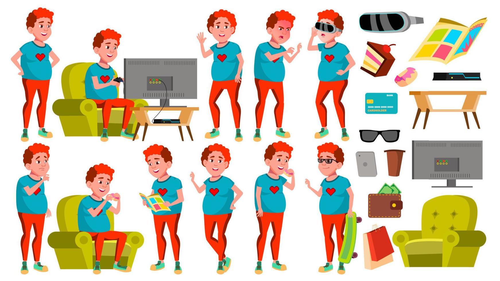 Teen Boy Poses Set Vector. Red Head. Fat Gamer. Fun, Cheerful. For Web, Poster, Booklet Design. Isolated Cartoon Illustration vector