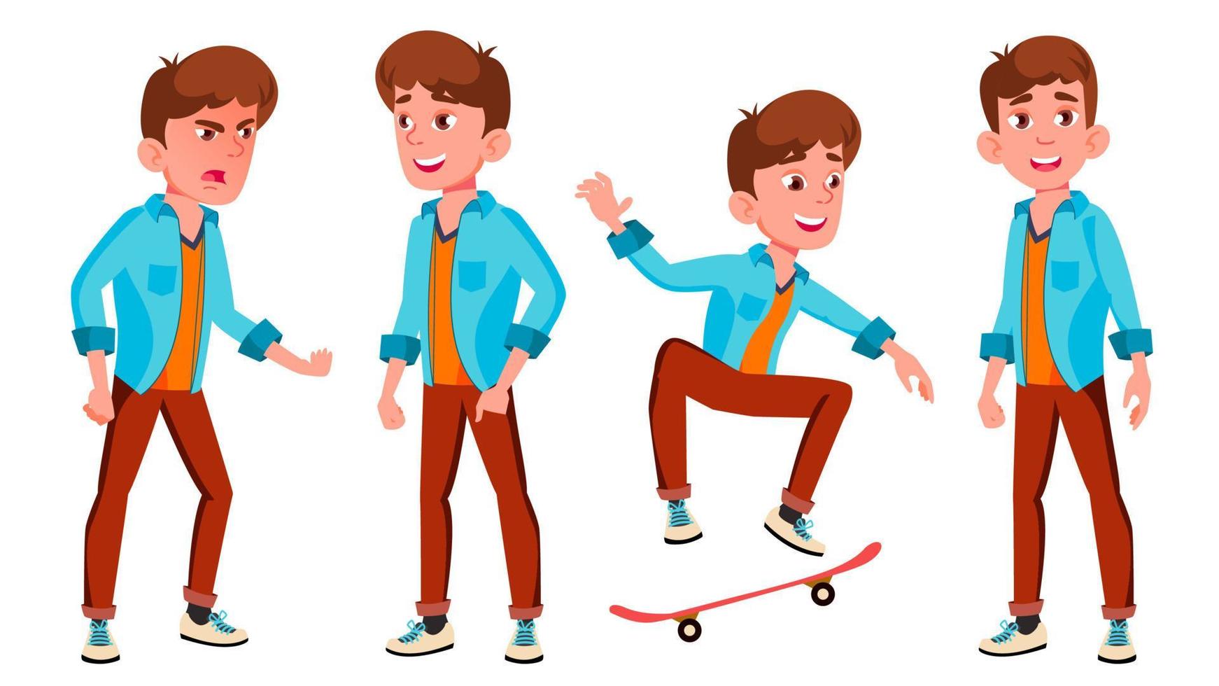 Teen Boy Poses Set Vector. Caucasian, Positive. For Presentation, Print, Invitation Design. Isolated Cartoon Illustration vector