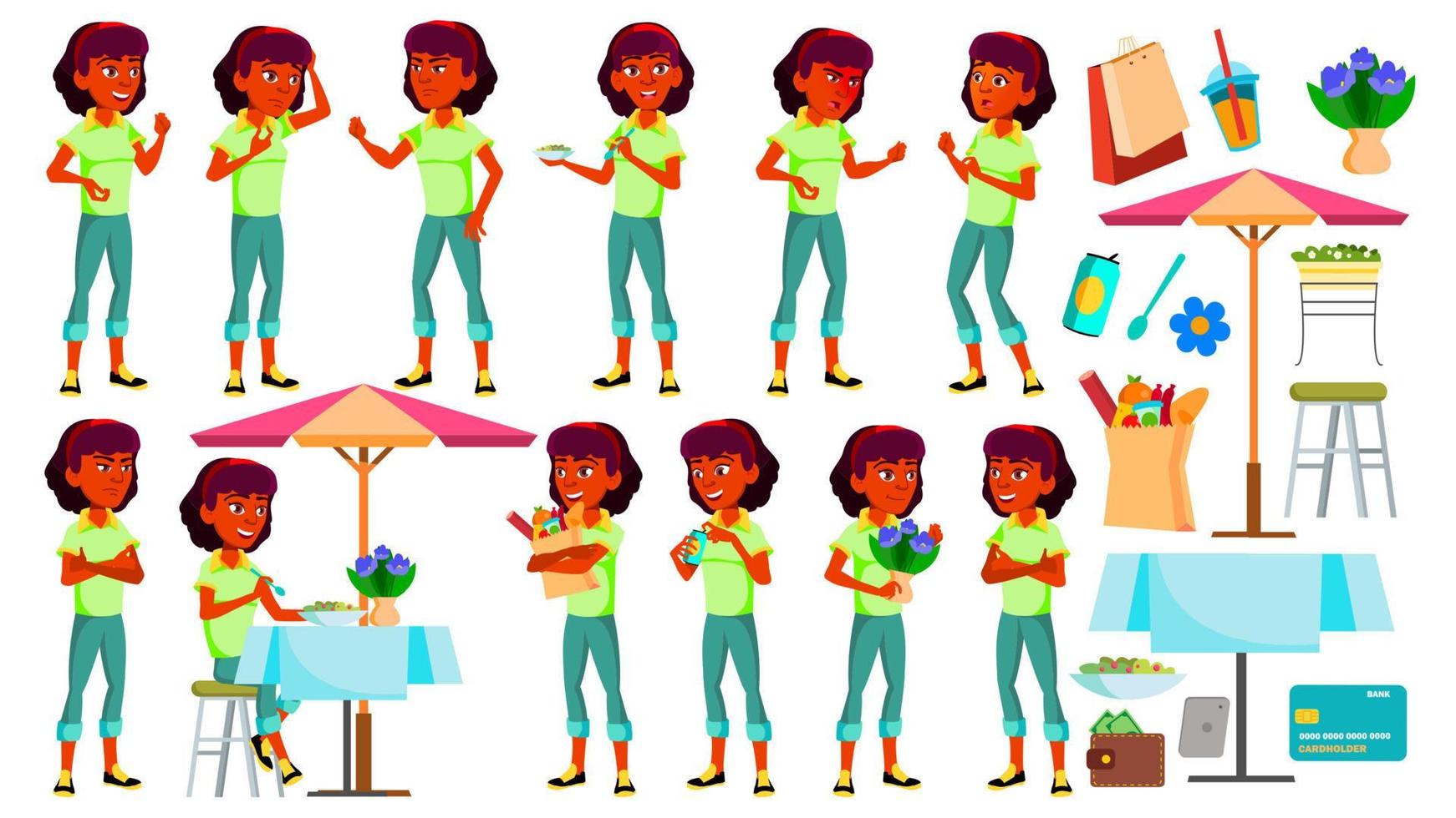 Teen Girl Poses Set Vector. Indian, Hindu. Asian. Face. Children. For Web, Brochure, Poster Design. Isolated Cartoon Illustration vector