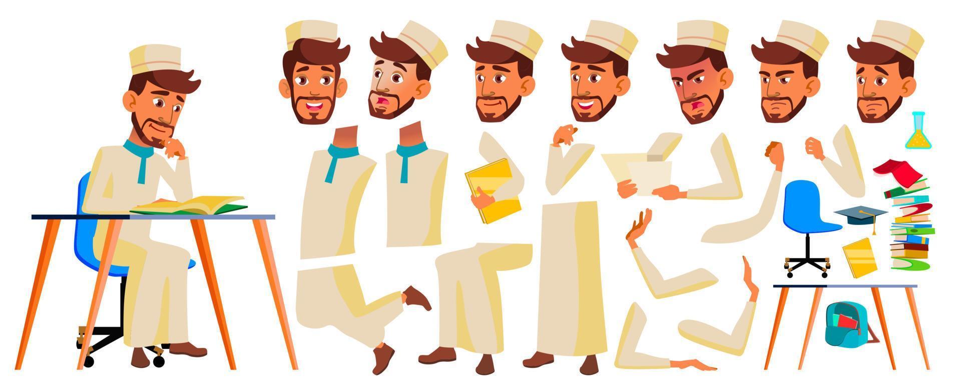 Teen Boy Vector. Animation Creation Set. Face Emotions, Gestures. Arab, Muslim. Emotional, Pose. Animated. For Postcard, Cover, Placard Design. Isolated Cartoon Illustration vector