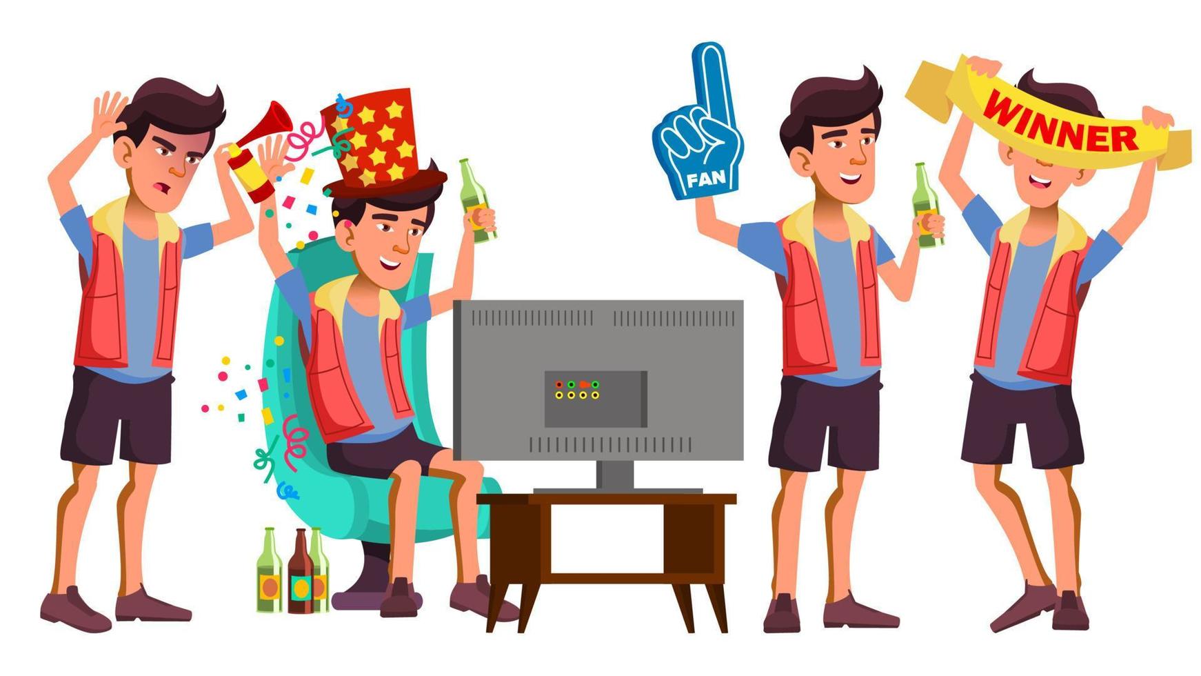 Asian Teen Boy Sport Fan Set Vector. Have Fun. Watching Sport Match. Competition. Beer. Life. For Presentation, Invitation, Card Design. Isolated Cartoon Illustration vector