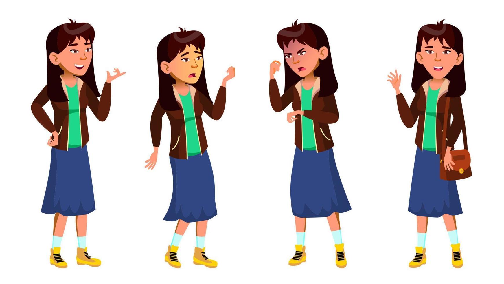 Asian Teen Girl Emotions, Poses Set Vector. Activity, Beautiful. For Postcard, Cover, Placard Design. Isolated Cartoon Illustration vector