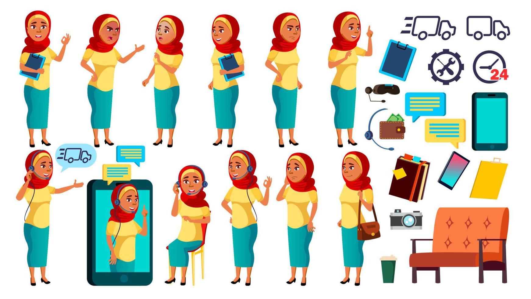 Arab, Muslim Teen Girl Poses Set Vector. Friendly, Cheer. Online Helper, Consultant. For Banner, Flyer, Brochure Design. Isolated Cartoon Illustration vector