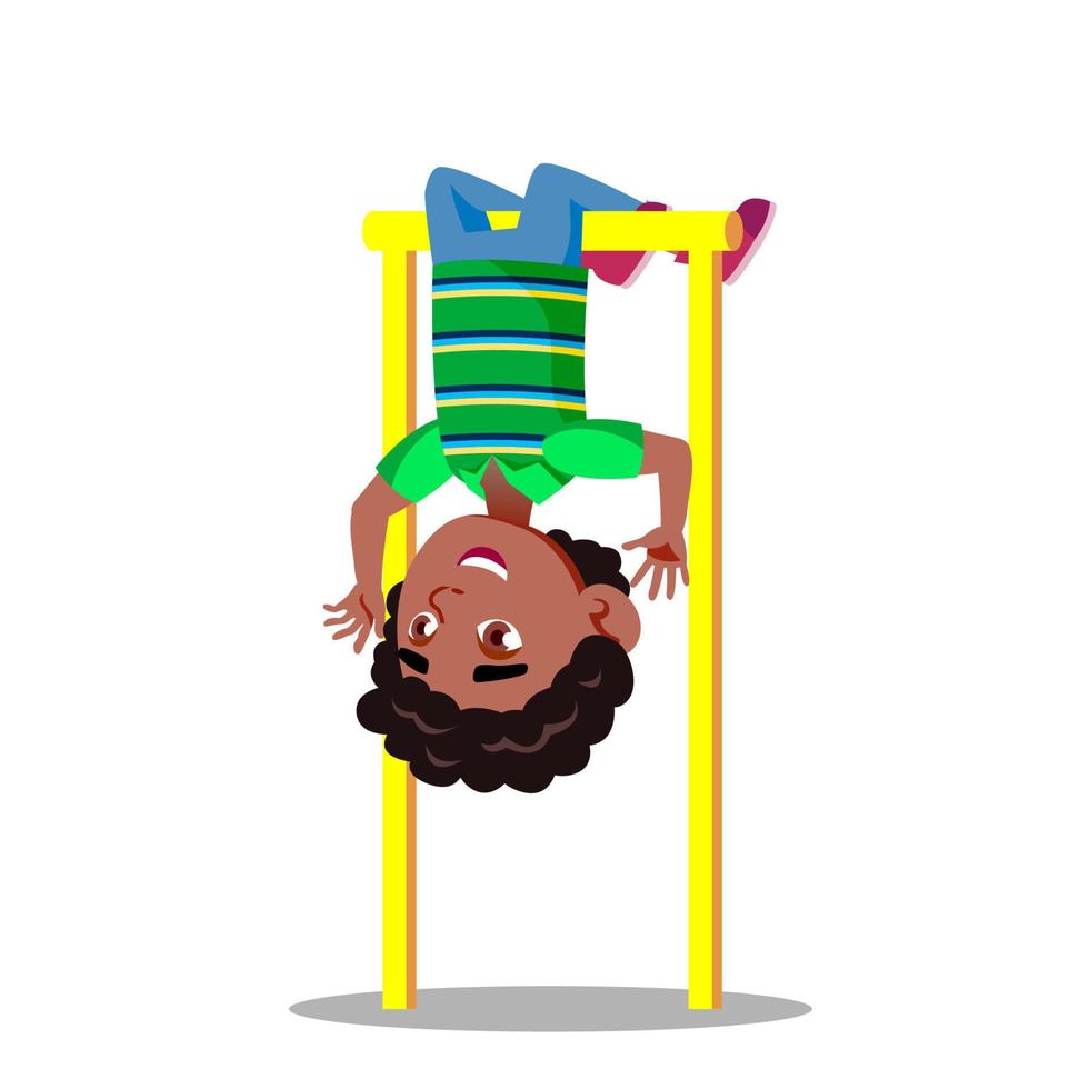 Sporty Little Boy Hanging On Horizontal Bar Upside Down Vector Flat Cartoon Illustration