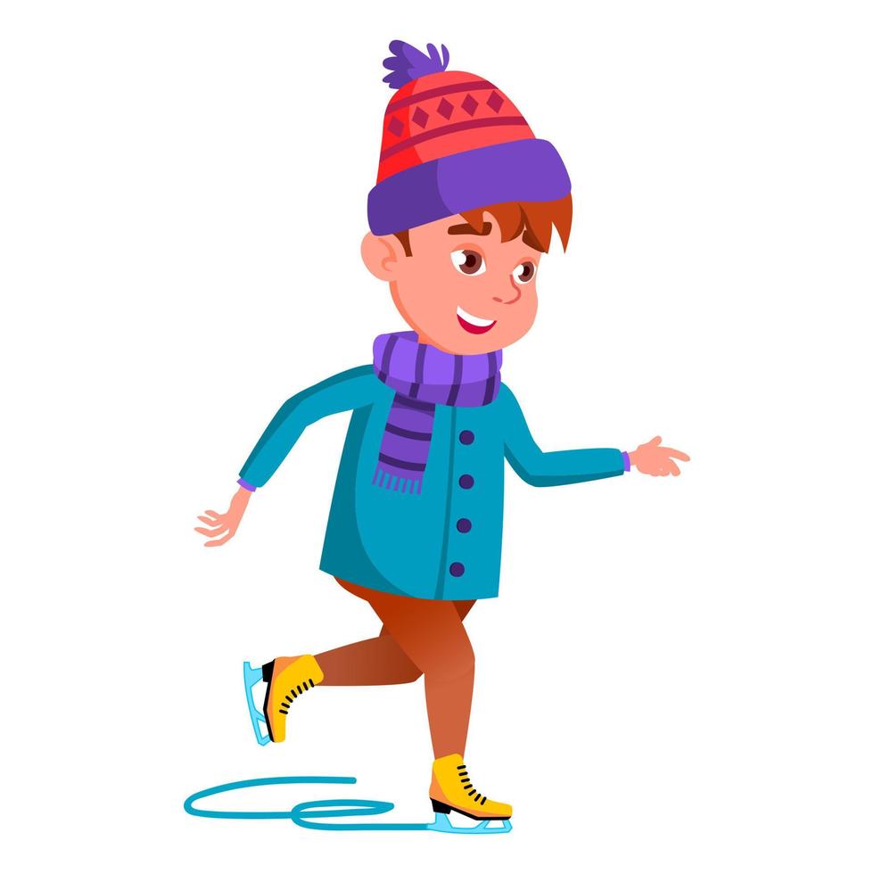 Schoolboy Kid Skating Sport On Ice Rink Vector