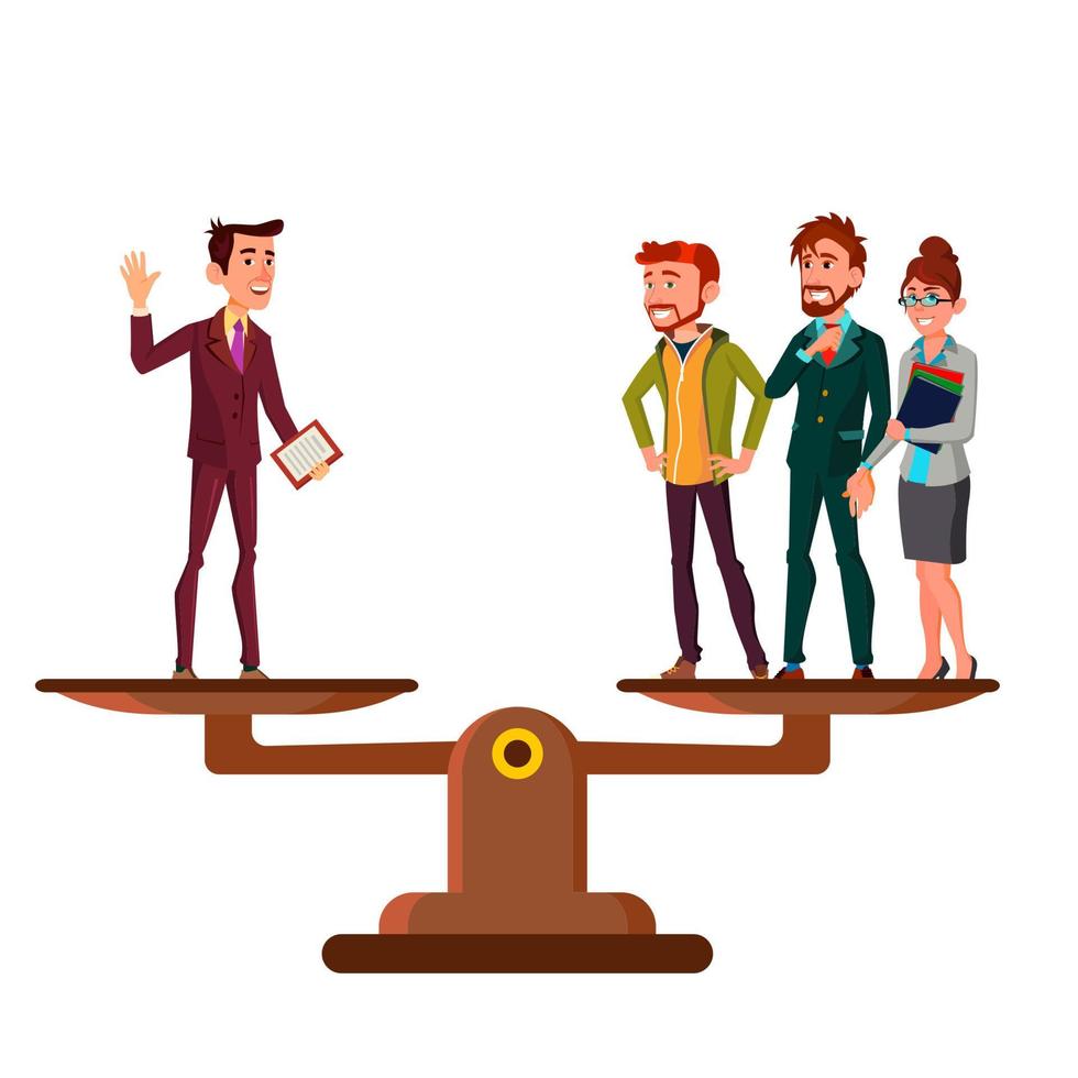 Man Versus Group Of People Stand On Scales In Equal Balance Vector Flat Cartoon Illustration