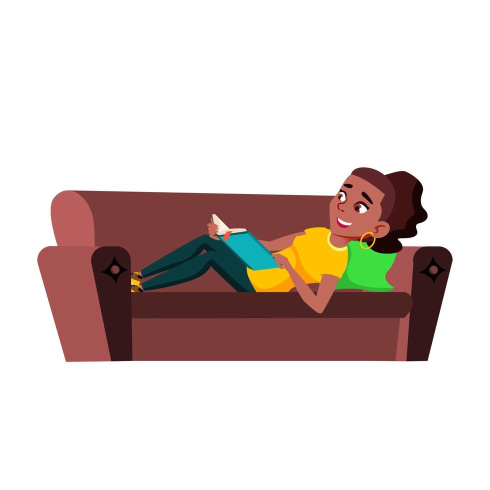Teenager Girl Reading Funny Book On Couch Vector