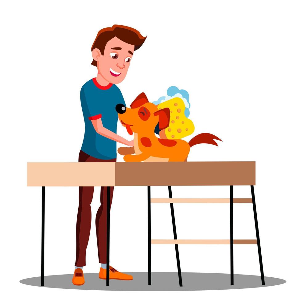 Teen Guy Washes The Dog Vector. Isolated Illustration vector