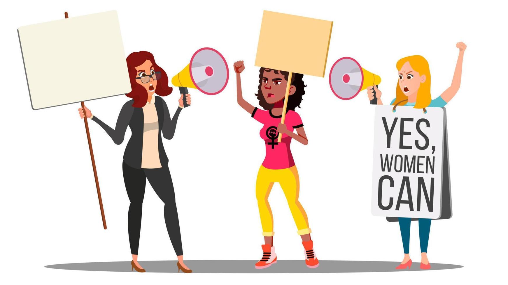 Feminist Girls At Protest Action For Women s Rights Vector. Isolated Illustration vector