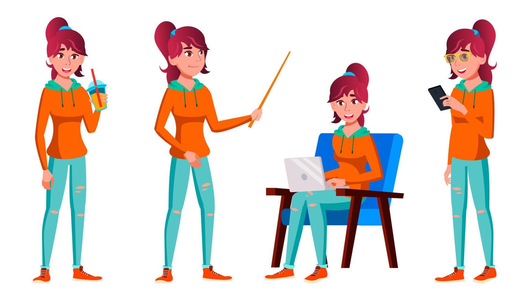 Teen Girl Poses Set Vector. Caucasian, Positive. For Presentation, Print, Invitation Design. Isolated Cartoon Illustration vector