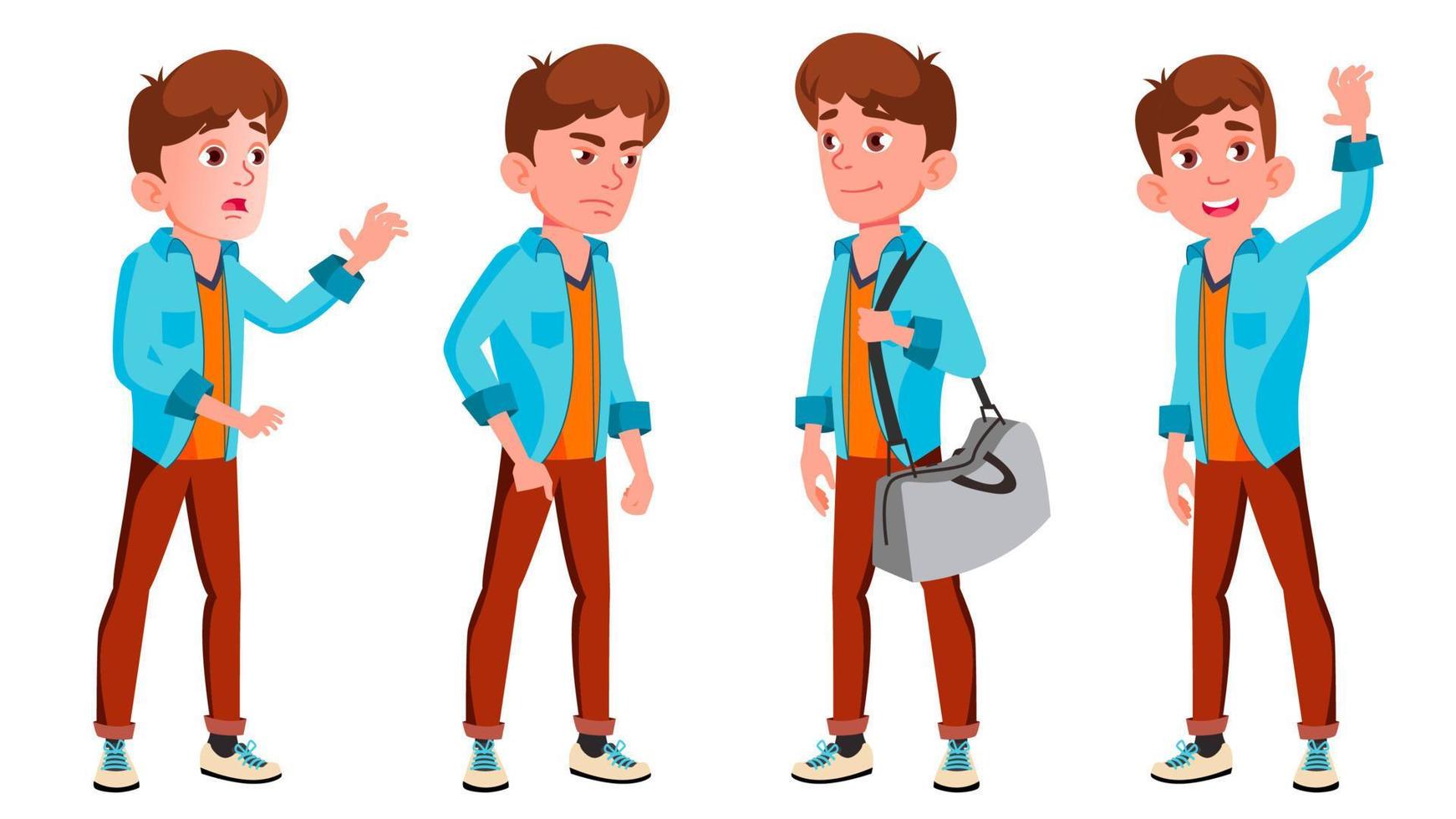 Teen Boy Poses Set Vector. Positive Person. For Postcard, Cover, Placard Design. Isolated Cartoon Illustration vector