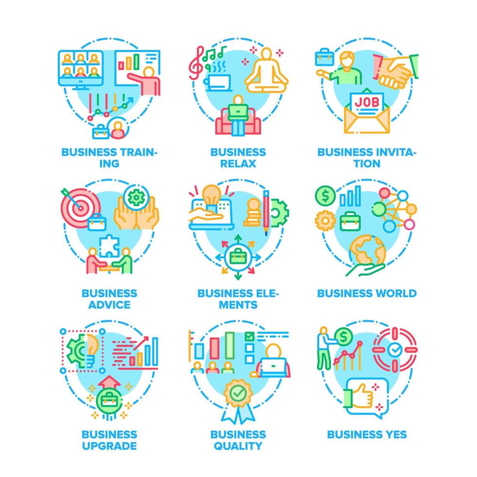 Ilustraciones de vectores de iconos de conjunto de mundo de negocios