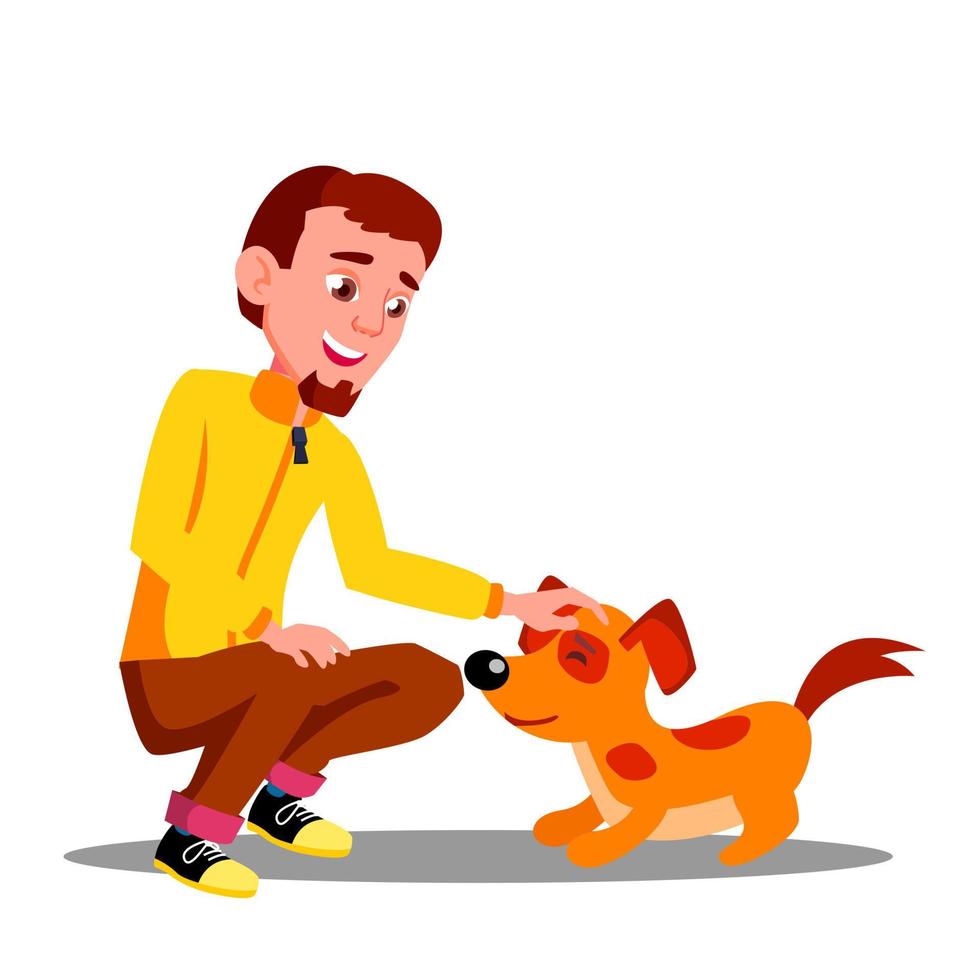 chico adolescente voluntario alimentando perro en vector de refugio. ilustración aislada