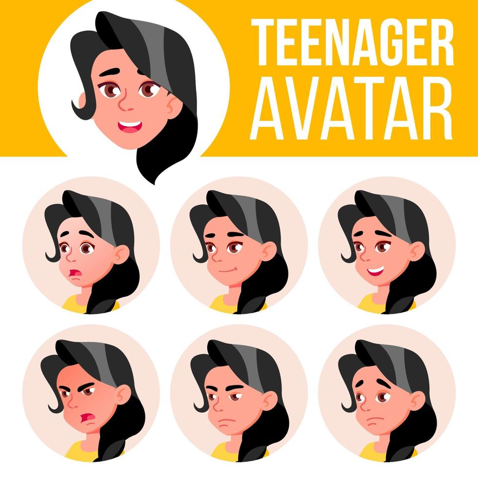 Teen Girl Avatar Set Vector. Face Emotions. Flat, Portrait. Cute, Comic, Web. Cartoon Head Illustration vector