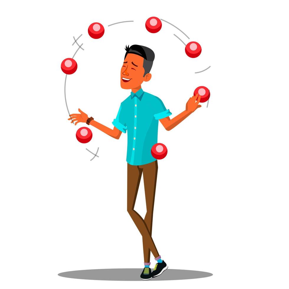 Young Man Juggling With Colored Balls Vector. Isolated Illustration