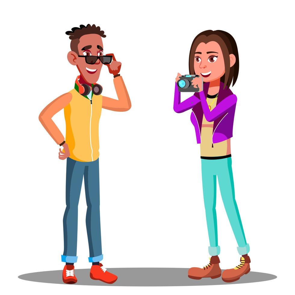 Photographer Girl Taking Pictures Posing Friend Guy Vector. Isolated Illustration vector