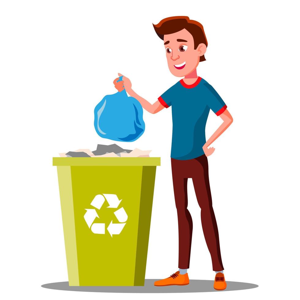 chico joven tirando bolsas de basura en el vector del contenedor. ilustración aislada