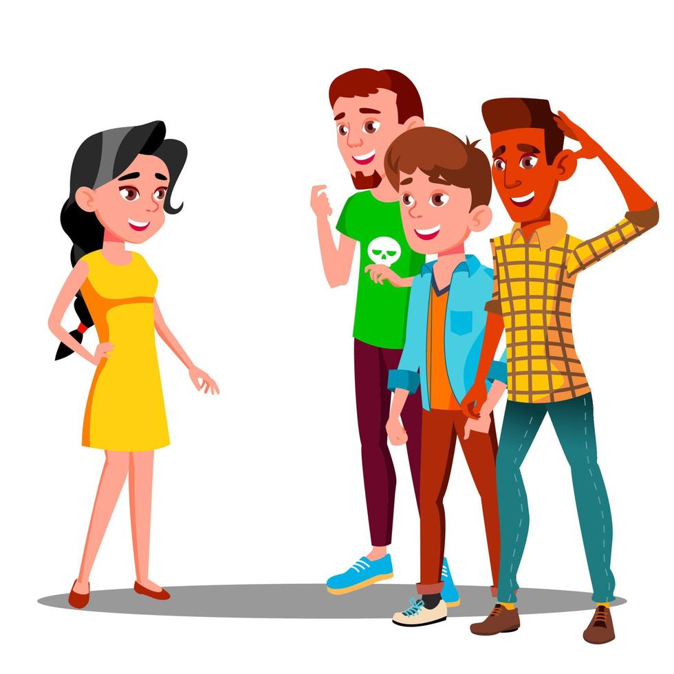 Group Of Young Guys Watching After A Beautiful Girl Vector. Isolated Illustration vector