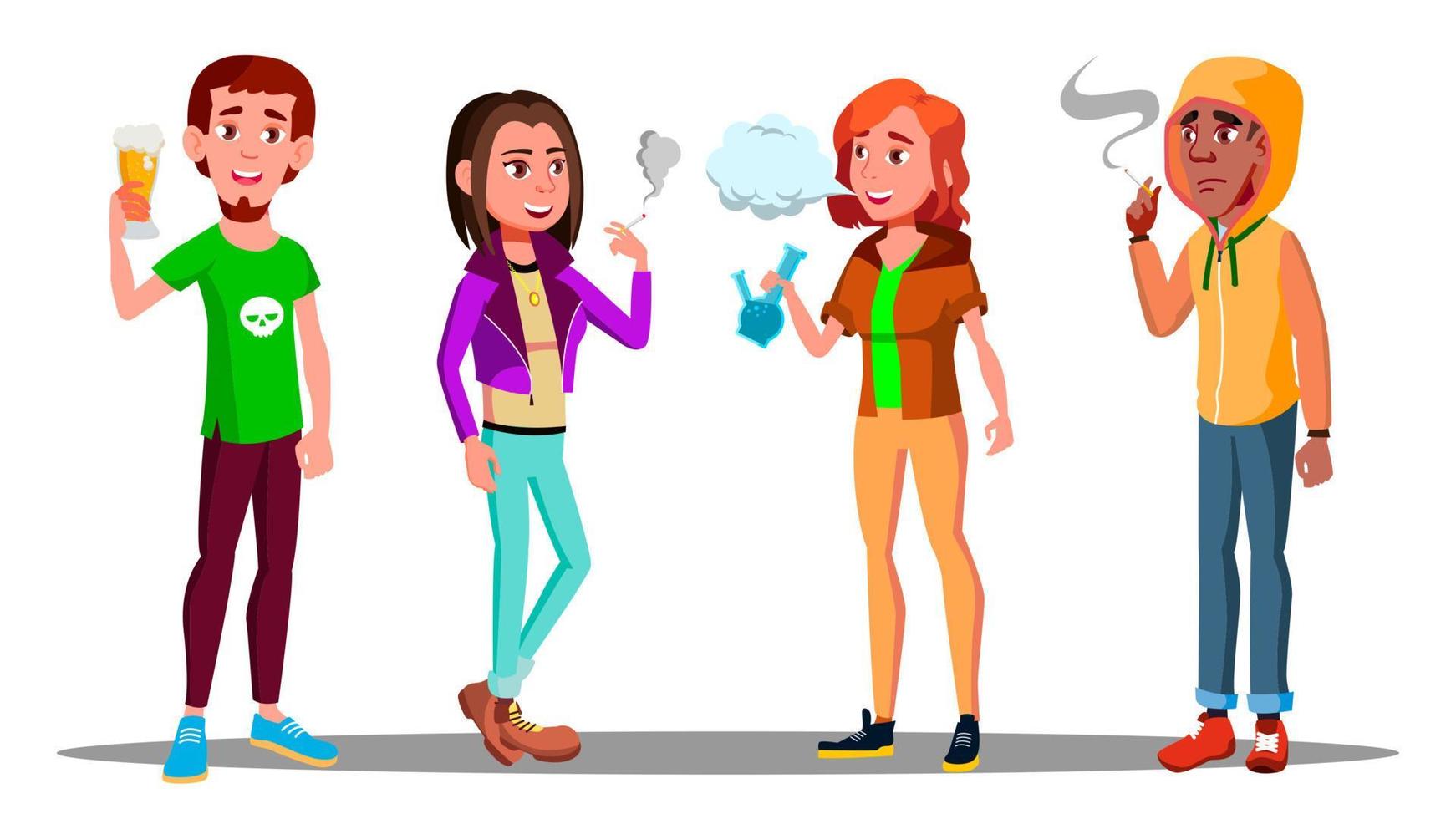 Difficult Teenagers - Alcohol, Cigarettes, Drugs Addiction Vector. Isolated Illustration vector